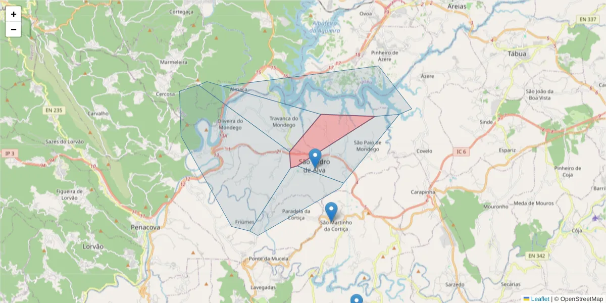 Mapa detalhado do código postal 3360-310 com limites, códigos postais vizinhos e agências dos correios
