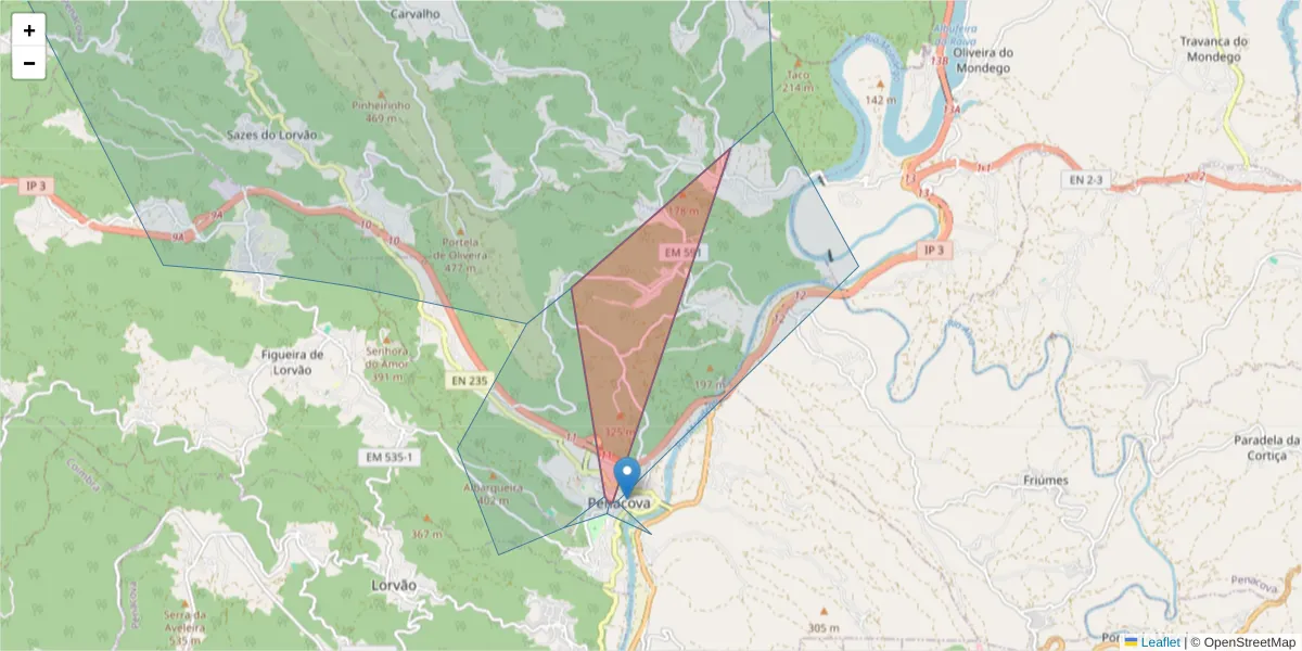 Mapa detalhado do código postal 3360-318 com limites, códigos postais vizinhos e agências dos correios