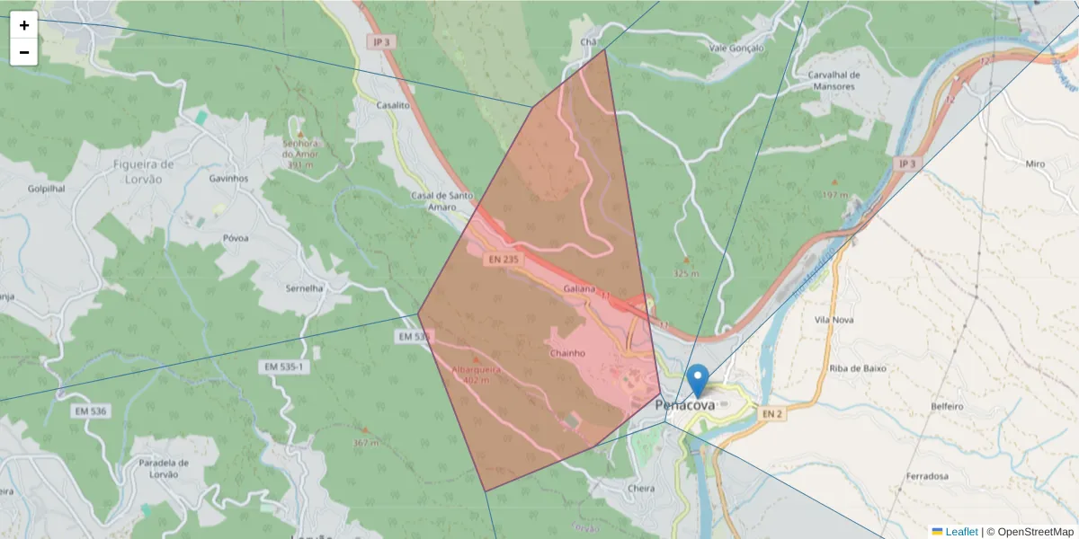 Mapa detalhado do código postal 3360-330 com limites, códigos postais vizinhos e agências dos correios