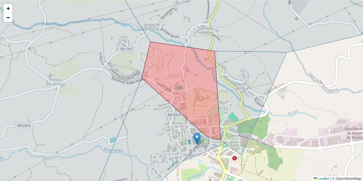Mapa detalhado do código postal 3400-068 com limites, códigos postais vizinhos e agências dos correios