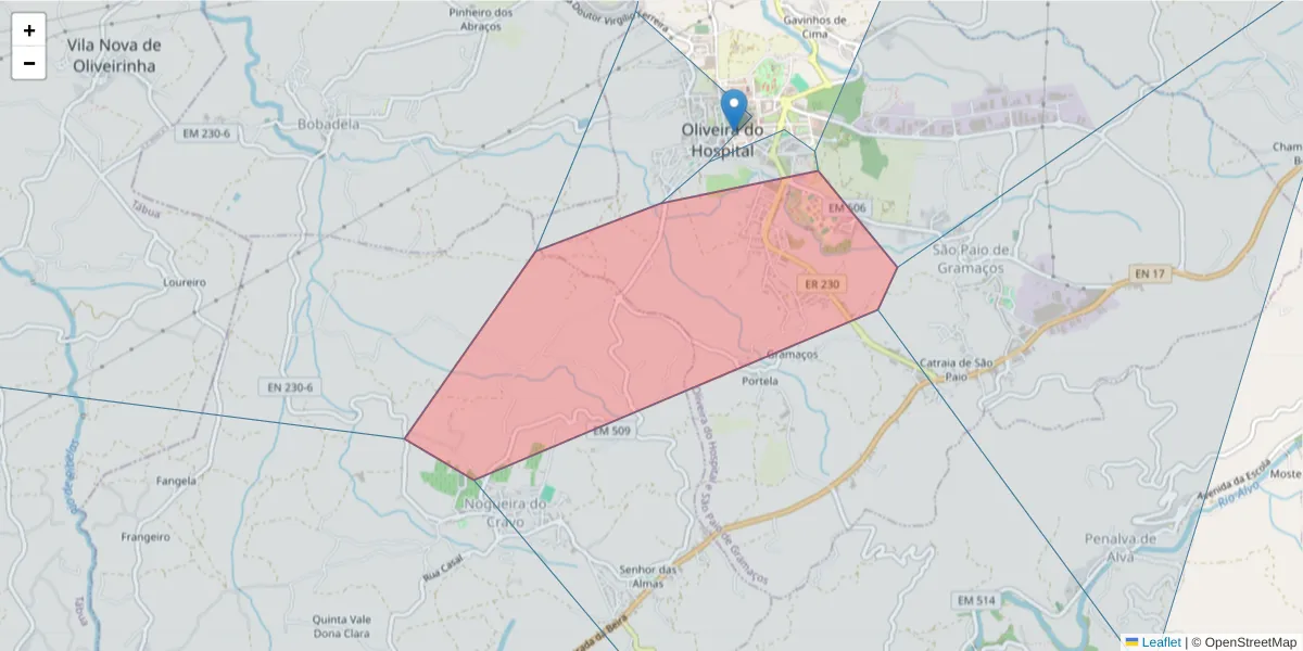 Mapa detalhado do código postal 3400-084 com limites, códigos postais vizinhos e agências dos correios