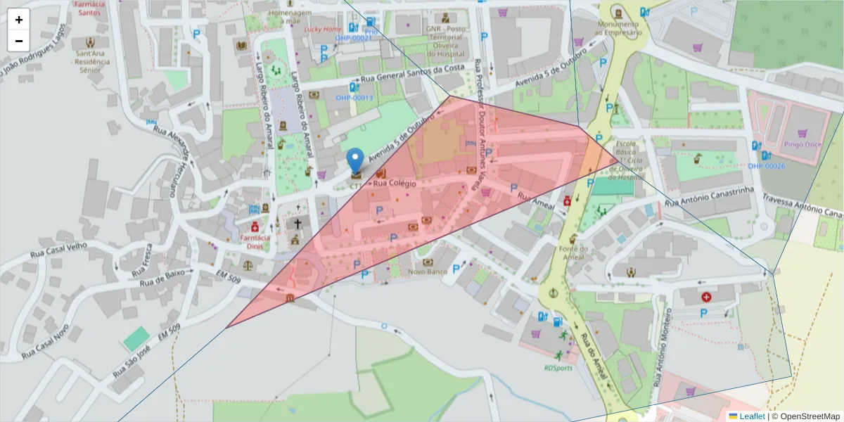 Mapa detalhado do código postal 3400-132 com limites, códigos postais vizinhos e agências dos correios