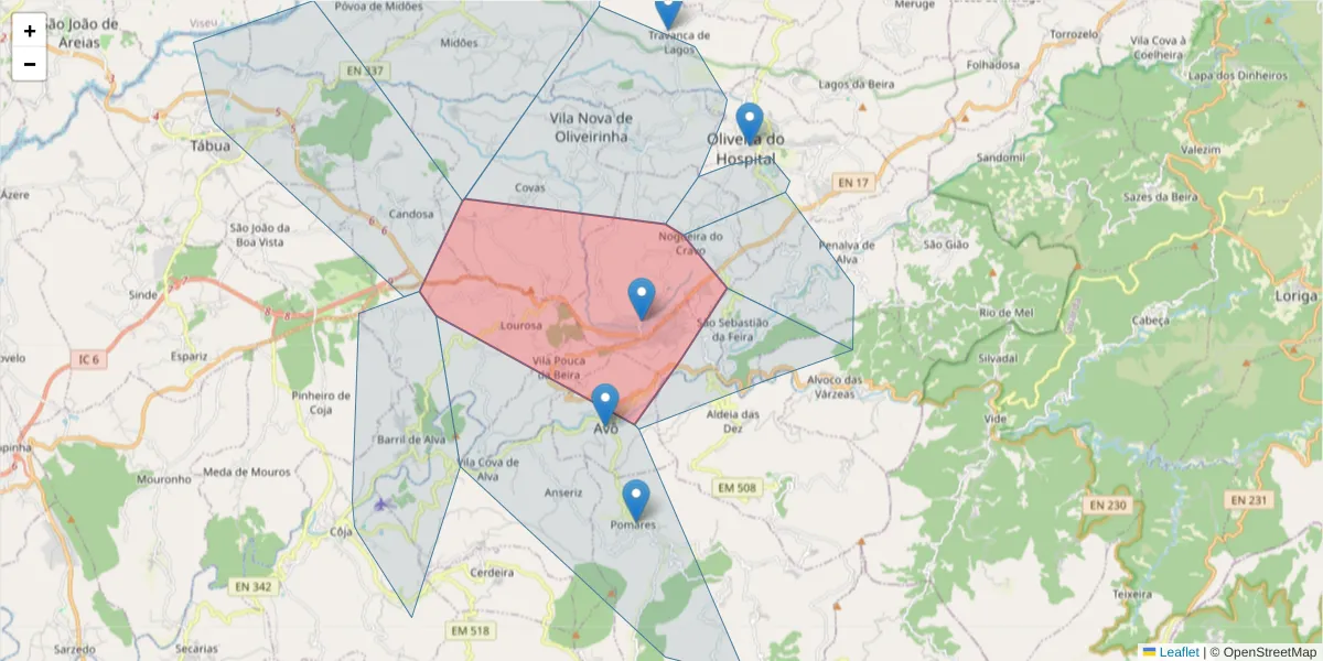 Mapa detalhado do código postal 3400-618 com limites, códigos postais vizinhos e agências dos correios