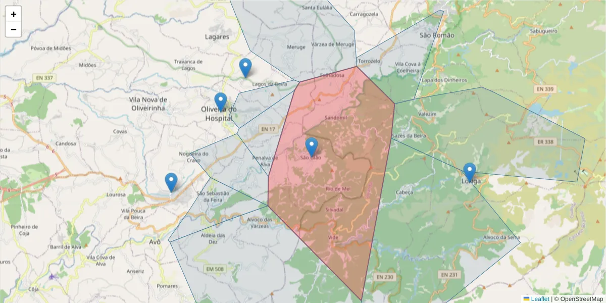 Mapa detalhado do código postal 3400-663 com limites, códigos postais vizinhos e agências dos correios