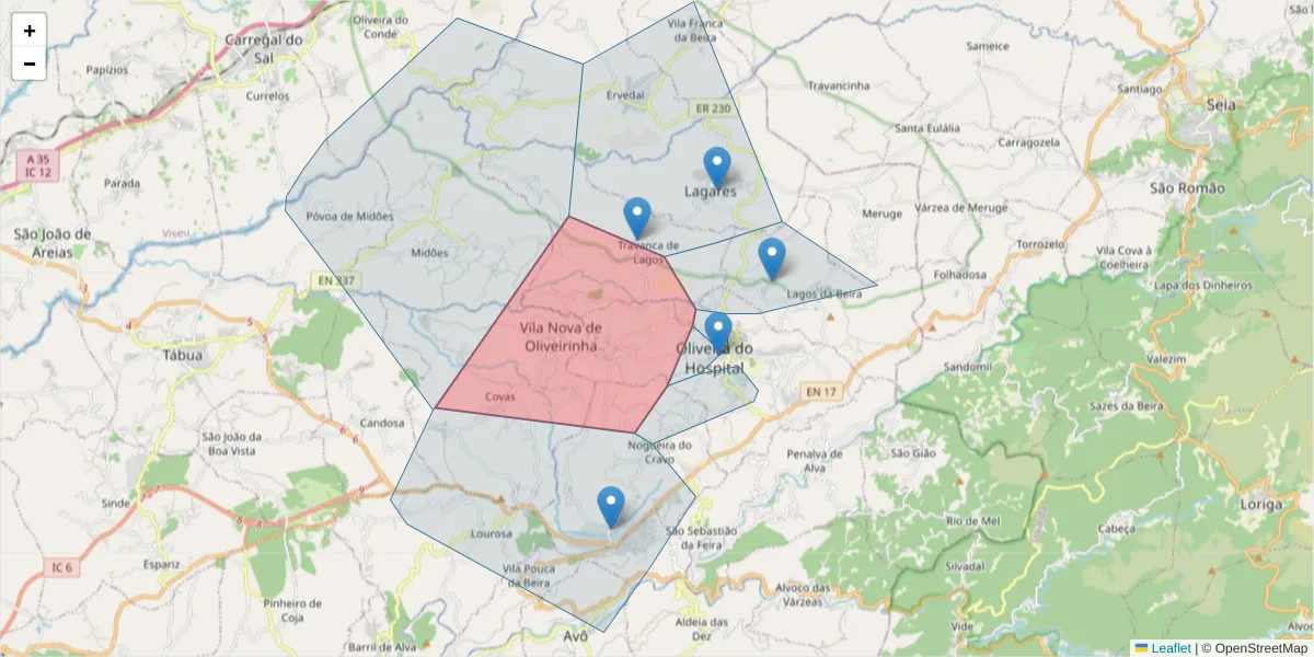 Mapa detalhado do código postal 3405-002 com limites, códigos postais vizinhos e agências dos correios