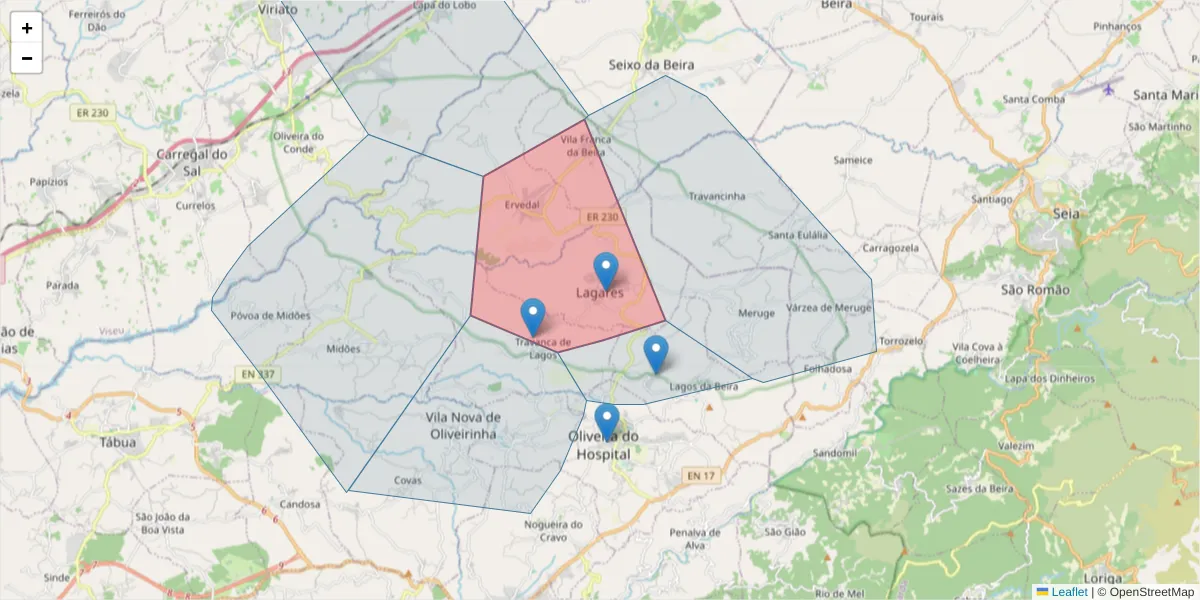 Mapa detalhado do código postal 3405-195 com limites, códigos postais vizinhos e agências dos correios