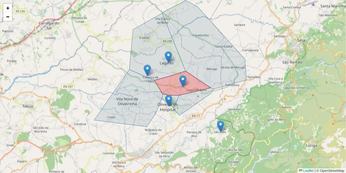 Mapa detalhado do código postal 3405-305 com limites, códigos postais vizinhos e agências dos correios