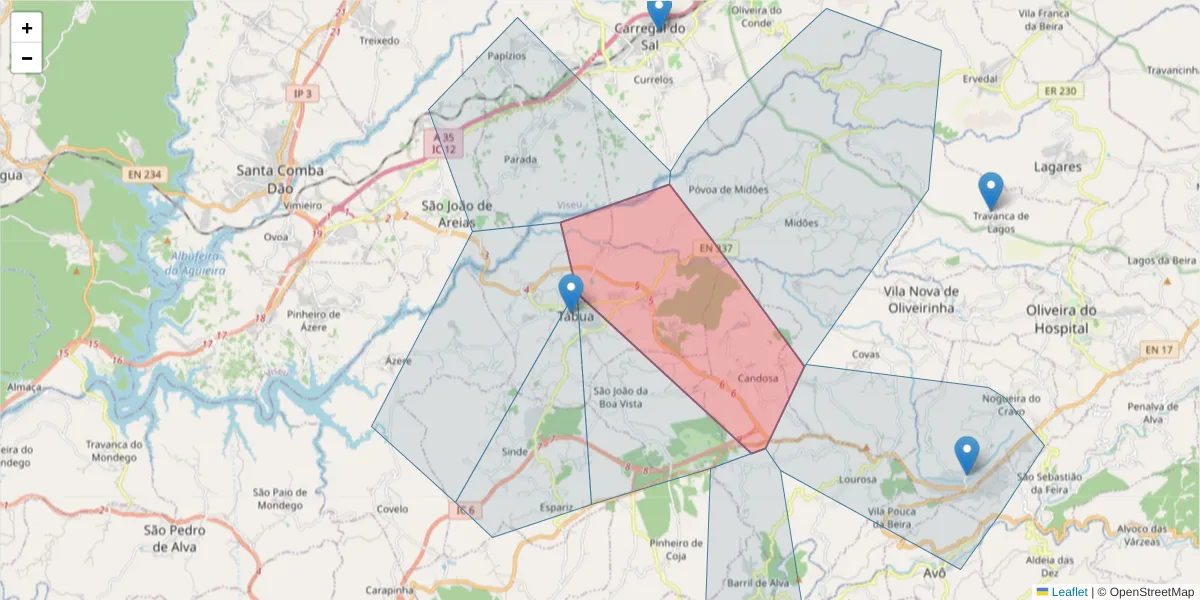Mapa detalhado do código postal 3420-316 com limites, códigos postais vizinhos e agências dos correios