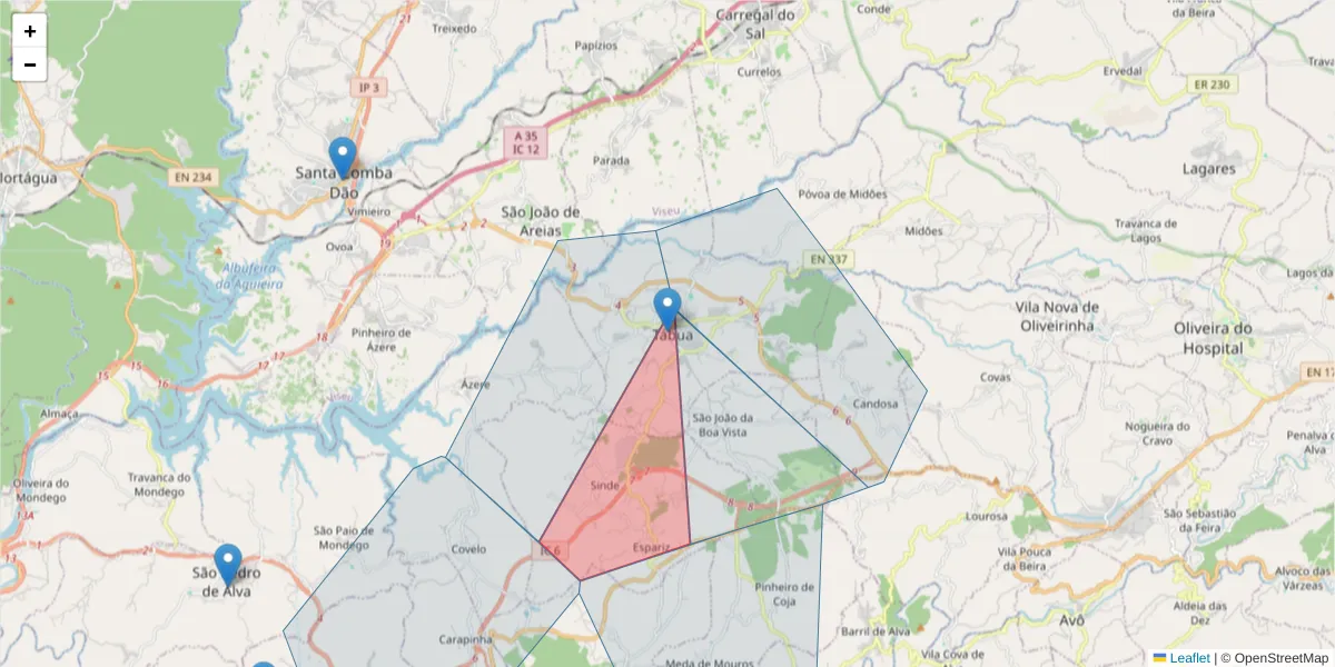 Mapa detalhado do código postal 3420-325 com limites, códigos postais vizinhos e agências dos correios