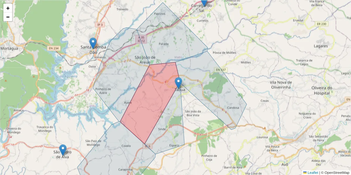 Mapa detalhado do código postal 3420-330 com limites, códigos postais vizinhos e agências dos correios