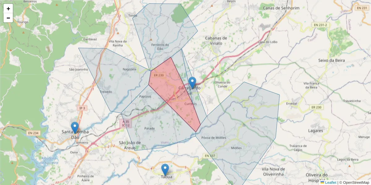 Mapa detalhado do código postal 3430-056 com limites, códigos postais vizinhos e agências dos correios