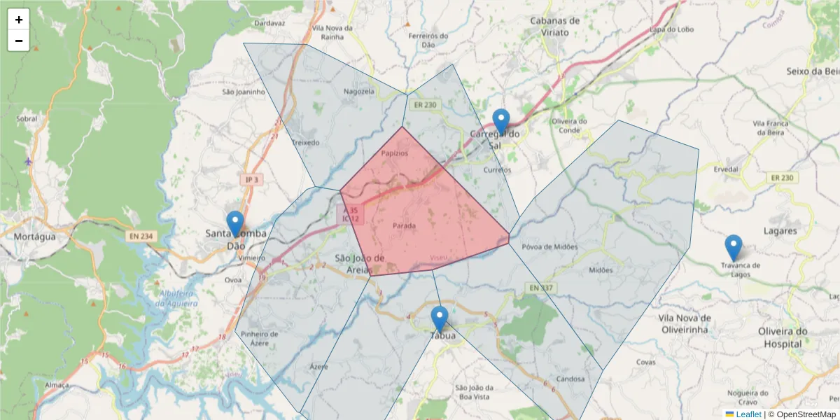 Mapa detalhado do código postal 3430-771 com limites, códigos postais vizinhos e agências dos correios