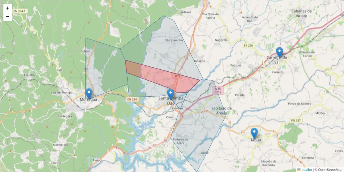 Mapa detalhado do código postal 3440-321 com limites, códigos postais vizinhos e agências dos correios