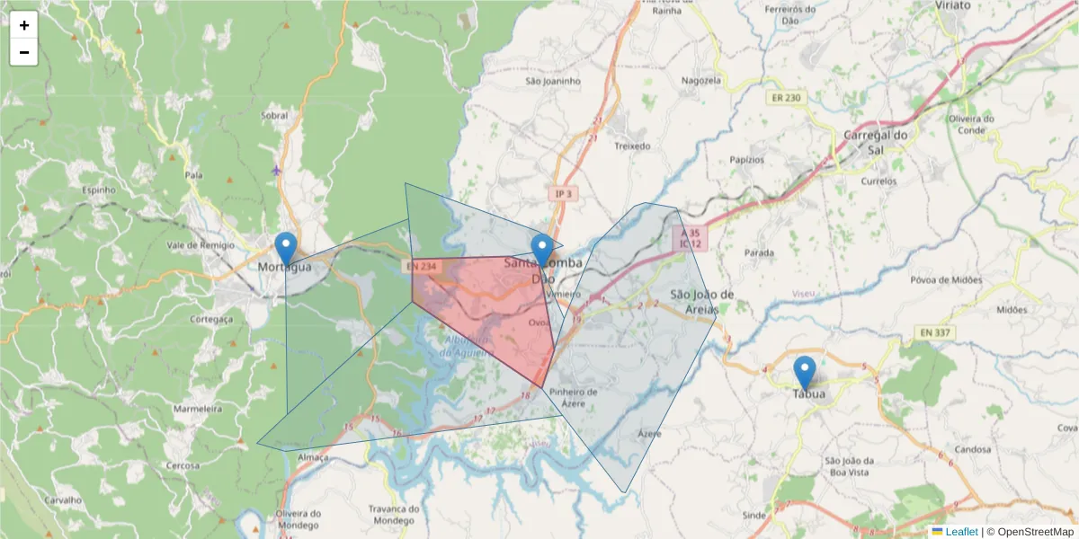 Mapa detalhado do código postal 3440-345 com limites, códigos postais vizinhos e agências dos correios