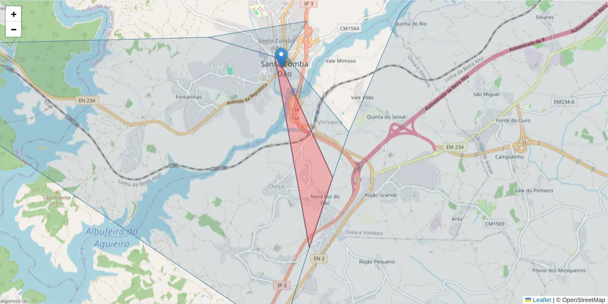 Mapa detalhado do código postal 3440-388 com limites, códigos postais vizinhos e agências dos correios