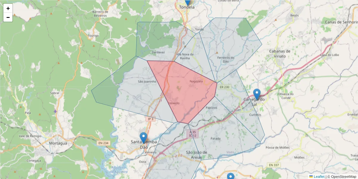 Mapa detalhado do código postal 3440-548 com limites, códigos postais vizinhos e agências dos correios