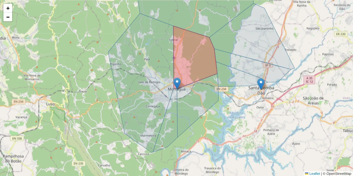 Mapa detalhado do código postal 3450-150 com limites, códigos postais vizinhos e agências dos correios