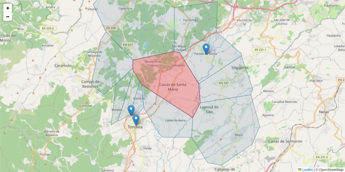 Mapa detalhado do código postal 3460-012 com limites, códigos postais vizinhos e agências dos correios