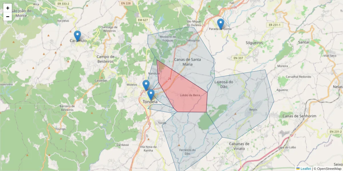 Mapa detalhado do código postal 3460-199 com limites, códigos postais vizinhos e agências dos correios