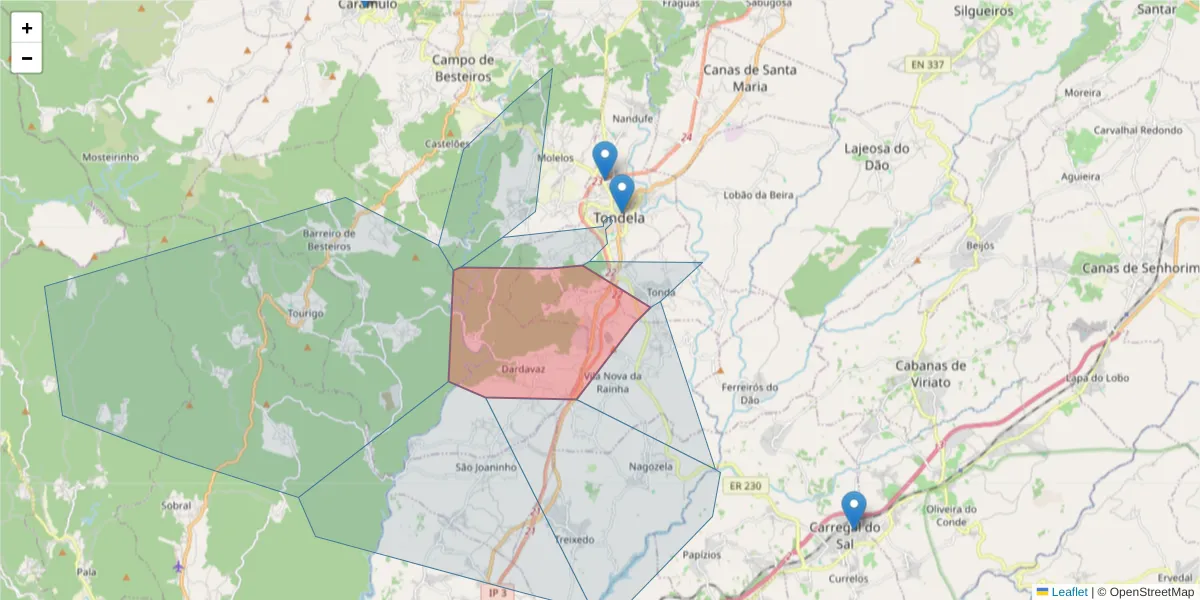 Mapa detalhado do código postal 3460-321 com limites, códigos postais vizinhos e agências dos correios