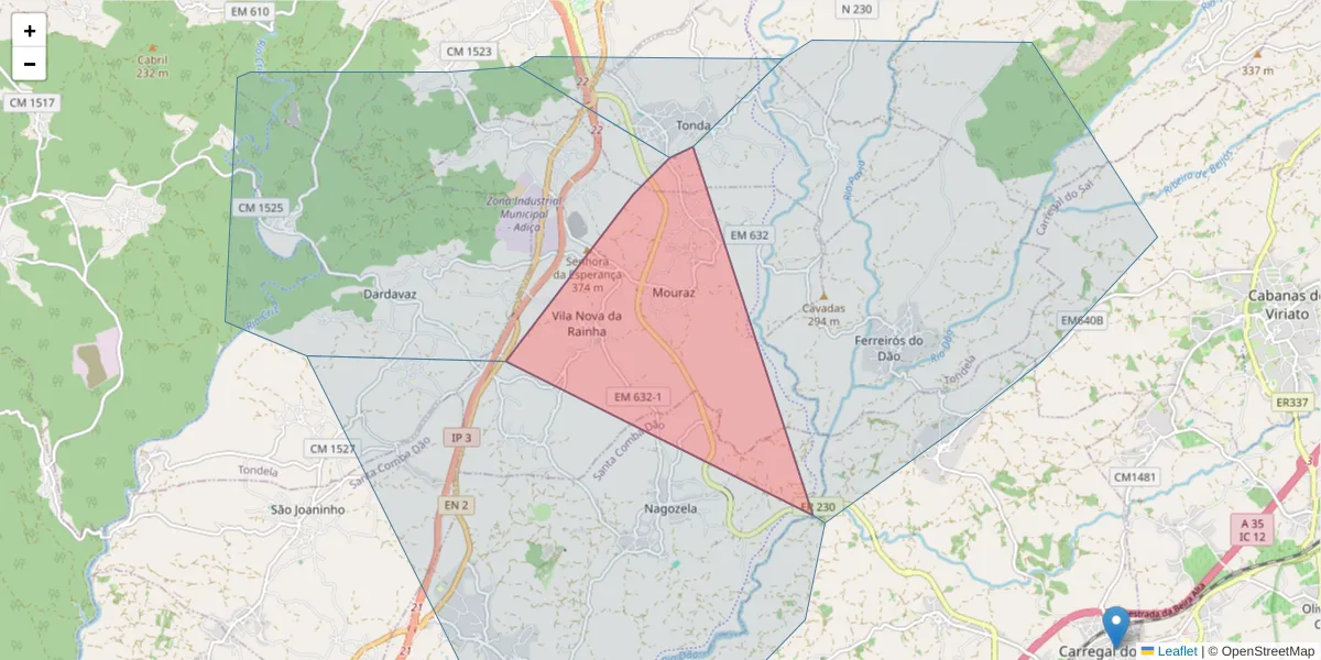 Mapa detalhado do código postal 3460-324 com limites, códigos postais vizinhos e agências dos correios
