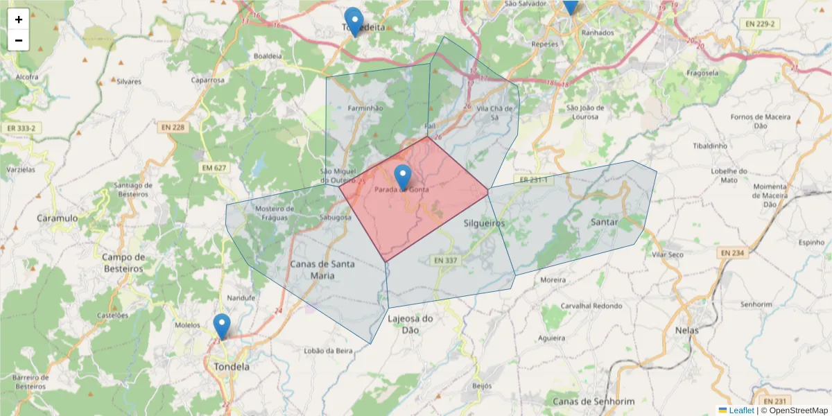 Mapa detalhado do código postal 3460-391 com limites, códigos postais vizinhos e agências dos correios