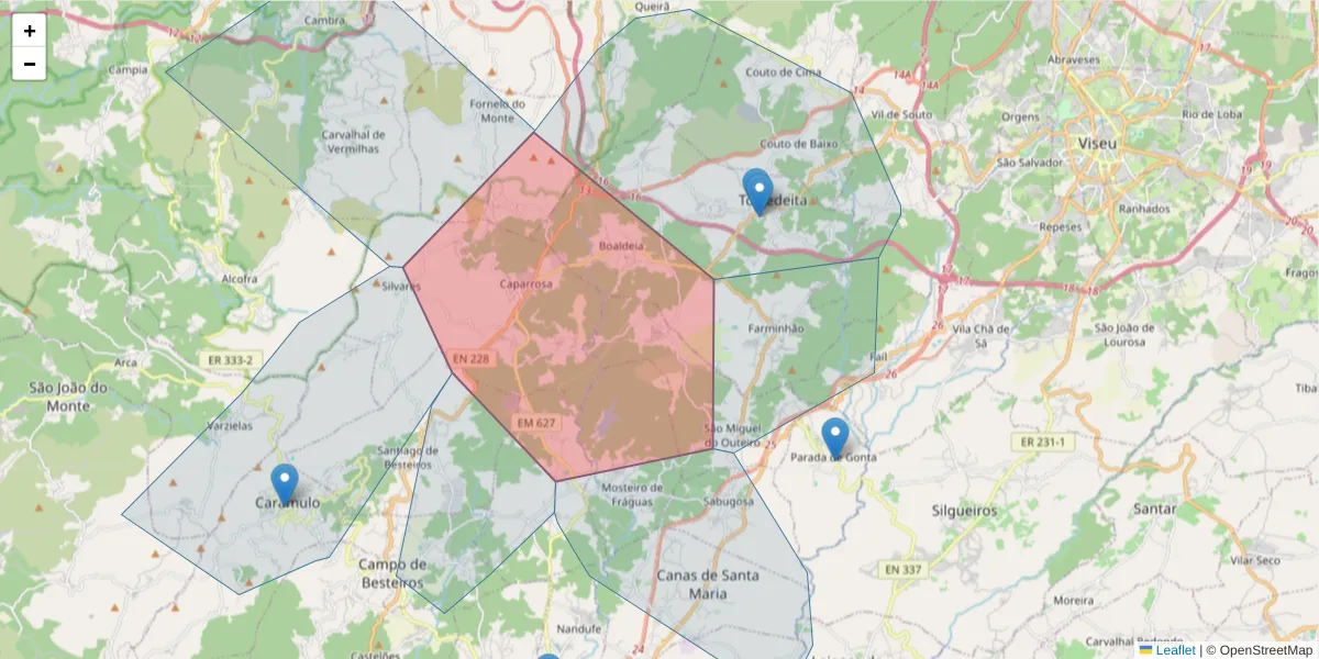 Mapa detalhado do código postal 3460-454 com limites, códigos postais vizinhos e agências dos correios