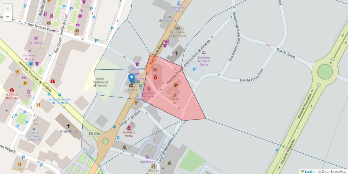 Mapa detalhado do código postal 3460-533 com limites, códigos postais vizinhos e agências dos correios