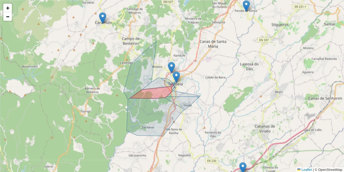Mapa detalhado do código postal 3460-582 com limites, códigos postais vizinhos e agências dos correios