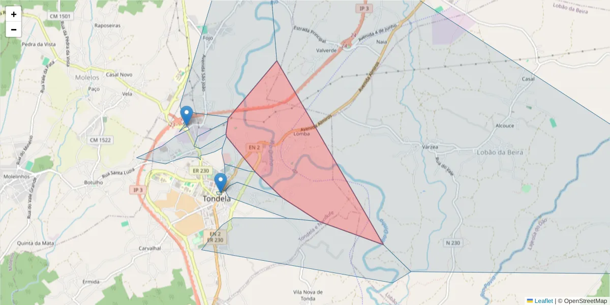 Mapa detalhado do código postal 3460-592 com limites, códigos postais vizinhos e agências dos correios