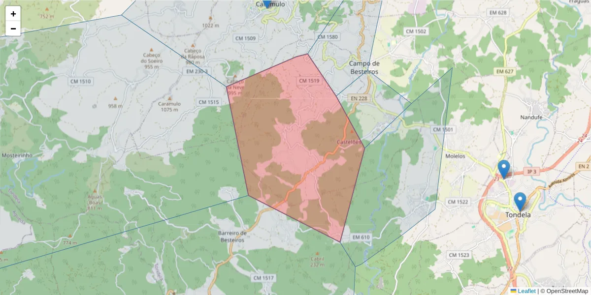 Mapa detalhado do código postal 3465-127 com limites, códigos postais vizinhos e agências dos correios