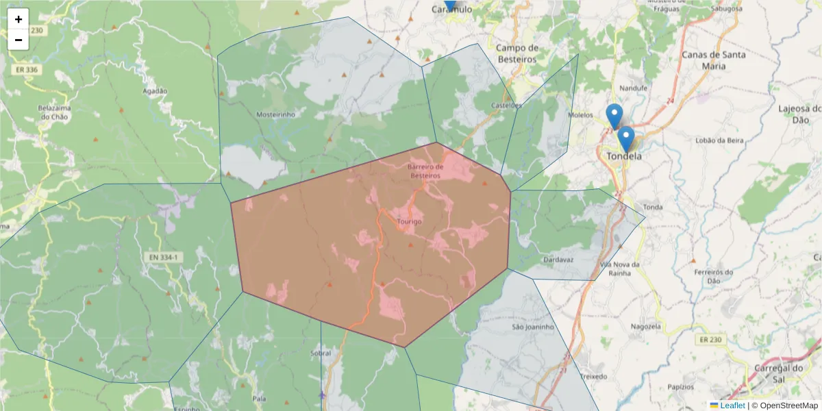 Mapa detalhado do código postal 3465-195 com limites, códigos postais vizinhos e agências dos correios