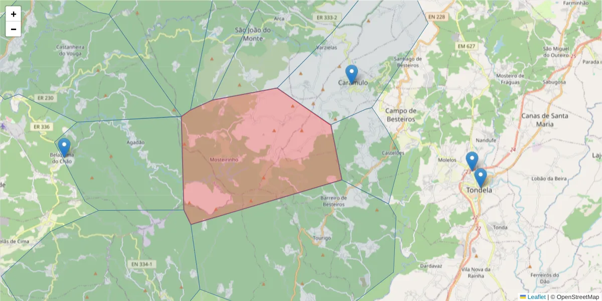 Mapa detalhado do código postal 3475 -038 com limites, códigos postais vizinhos e agências dos correios
