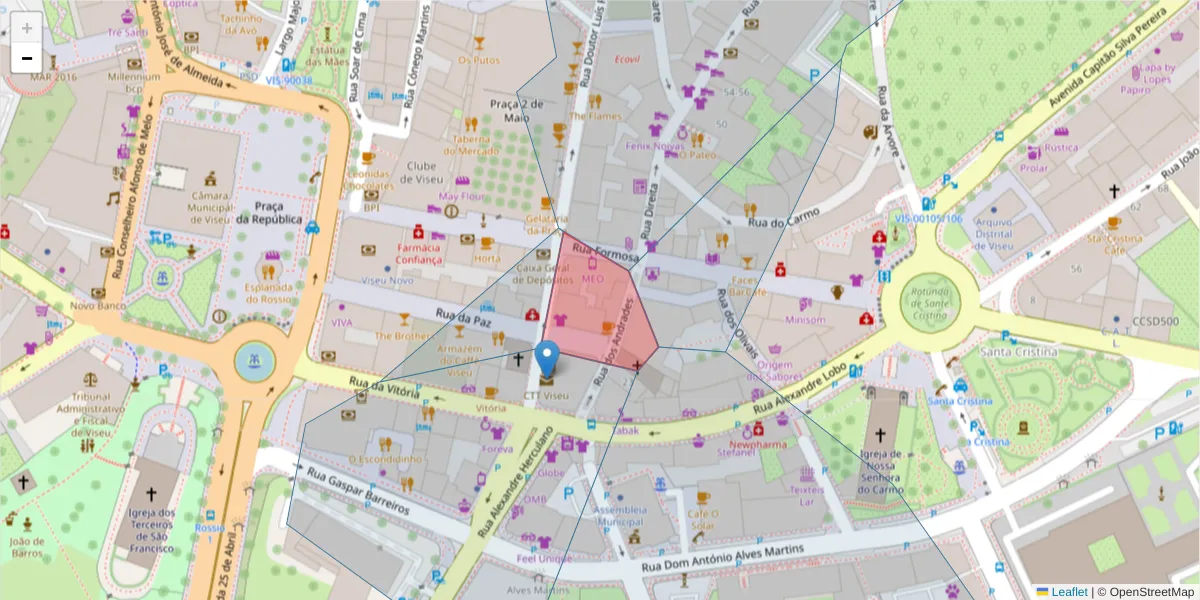 Mapa detalhado do código postal 3500-000 com limites, códigos postais vizinhos e agências dos correios