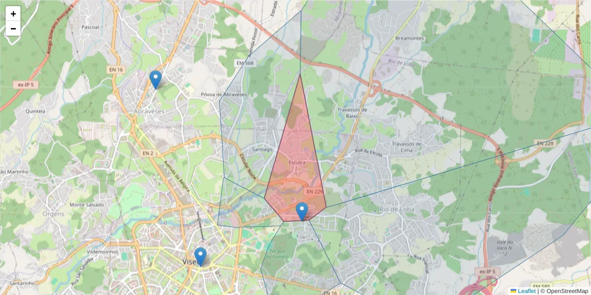 Mapa detalhado do código postal 3500-007 com limites, códigos postais vizinhos e agências dos correios
