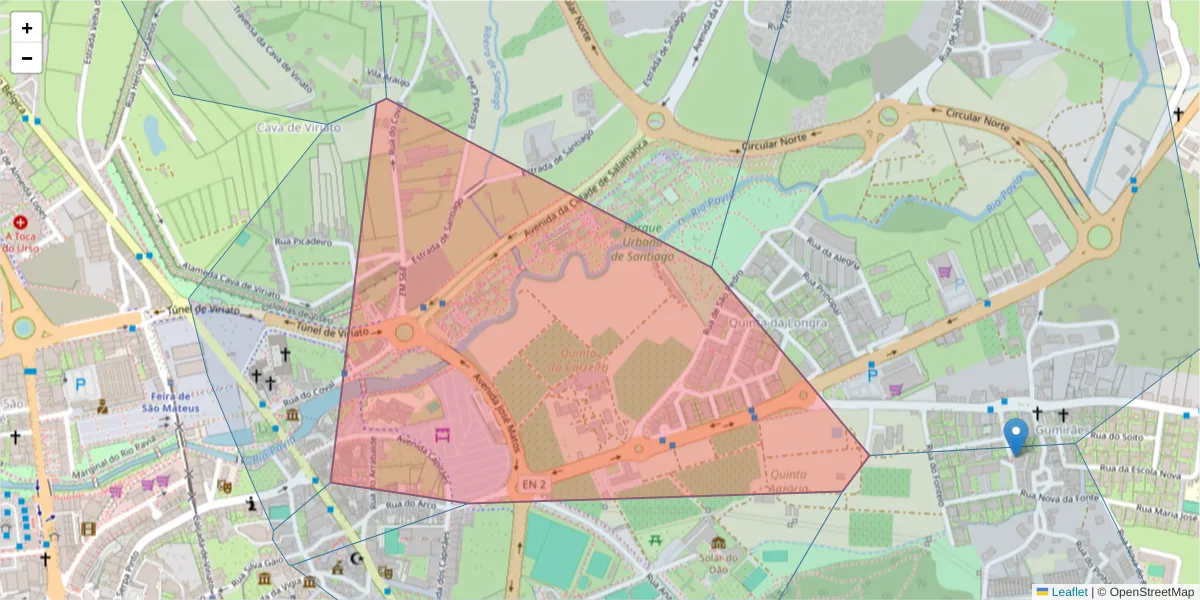 Mapa detalhado do código postal 3500-084 com limites, códigos postais vizinhos e agências dos correios