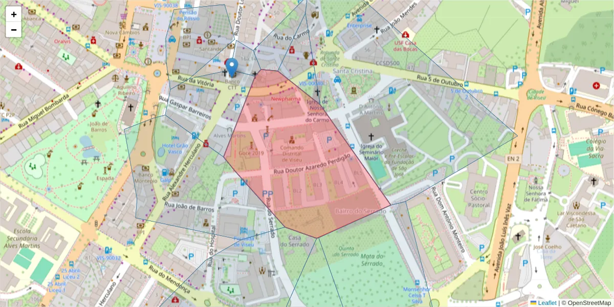 Mapa detalhado do código postal 3500-096 com limites, códigos postais vizinhos e agências dos correios