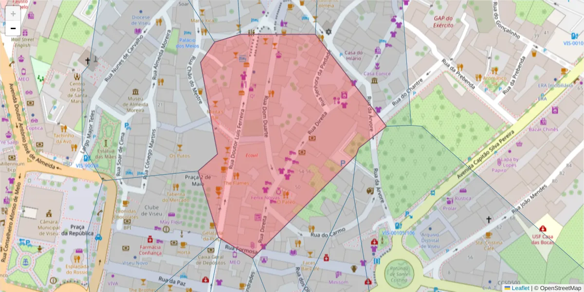 Mapa detalhado do código postal 3500-110 com limites, códigos postais vizinhos e agências dos correios
