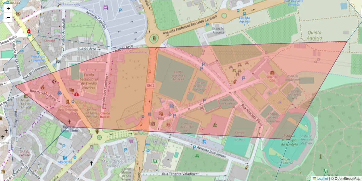 Mapa detalhado do código postal 3500-122 com limites, códigos postais vizinhos e agências dos correios