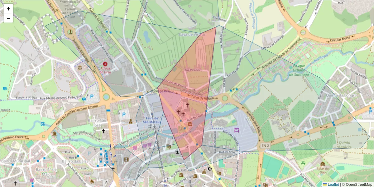 Mapa detalhado do código postal 3500-125 com limites, códigos postais vizinhos e agências dos correios