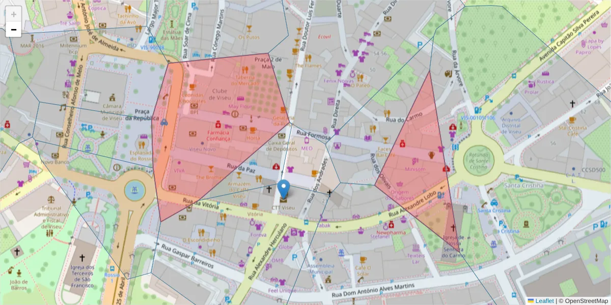 Mapa detalhado do código postal 3500-134 com limites, códigos postais vizinhos e agências dos correios