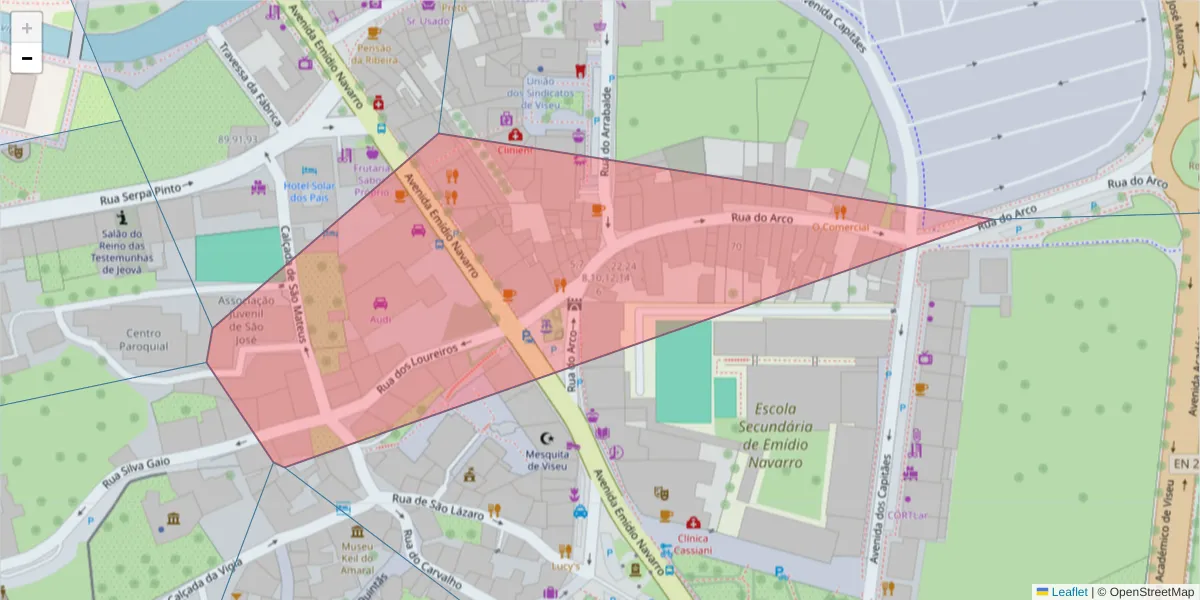Mapa detalhado do código postal 3500-148 com limites, códigos postais vizinhos e agências dos correios