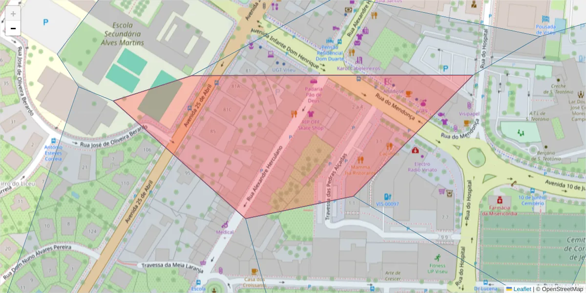 Mapa detalhado do código postal 3500-156 com limites, códigos postais vizinhos e agências dos correios