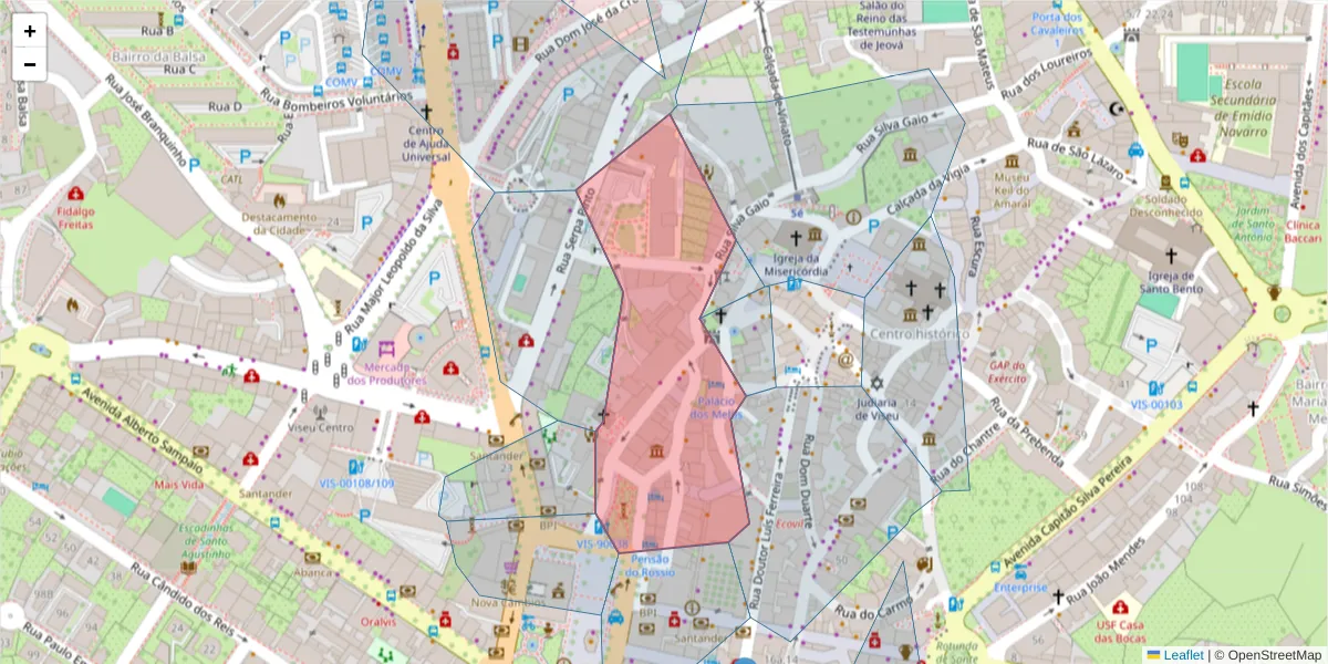 Mapa detalhado do código postal 3500-163 com limites, códigos postais vizinhos e agências dos correios