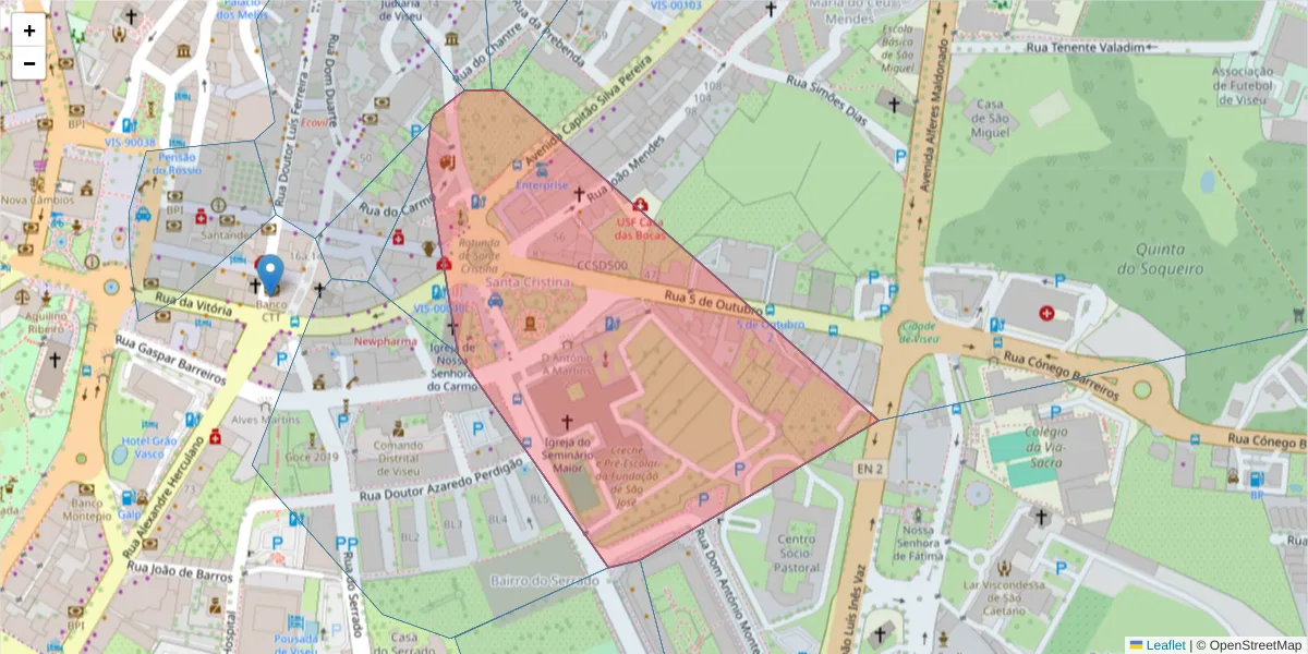 Mapa detalhado do código postal 3500-181 com limites, códigos postais vizinhos e agências dos correios