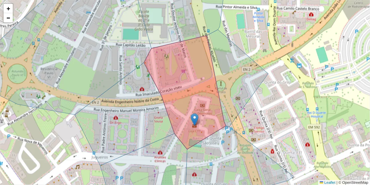 Mapa detalhado do código postal 3500-189 com limites, códigos postais vizinhos e agências dos correios