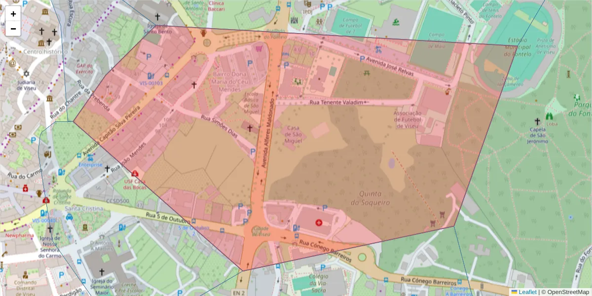 Mapa detalhado do código postal 3500-206 com limites, códigos postais vizinhos e agências dos correios