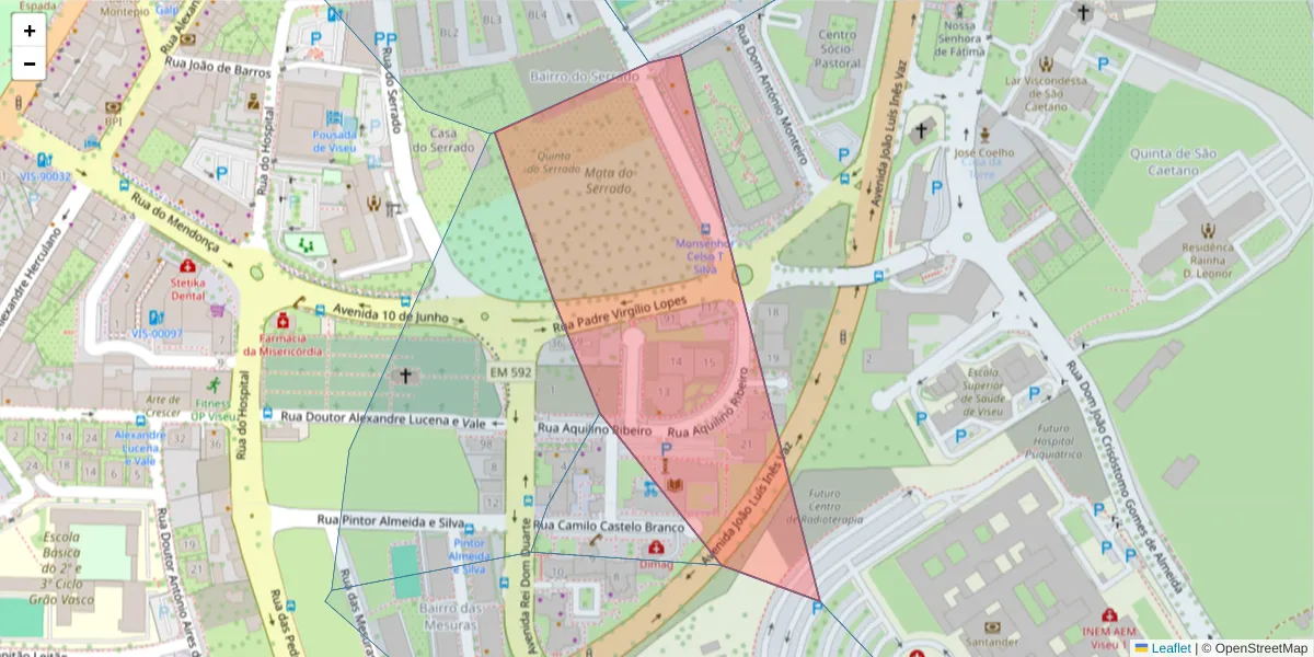 Mapa detalhado do código postal 3500-228 com limites, códigos postais vizinhos e agências dos correios
