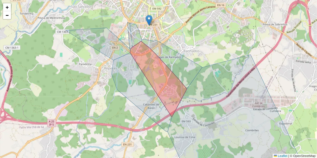 Mapa detalhado do código postal 3500-371 com limites, códigos postais vizinhos e agências dos correios