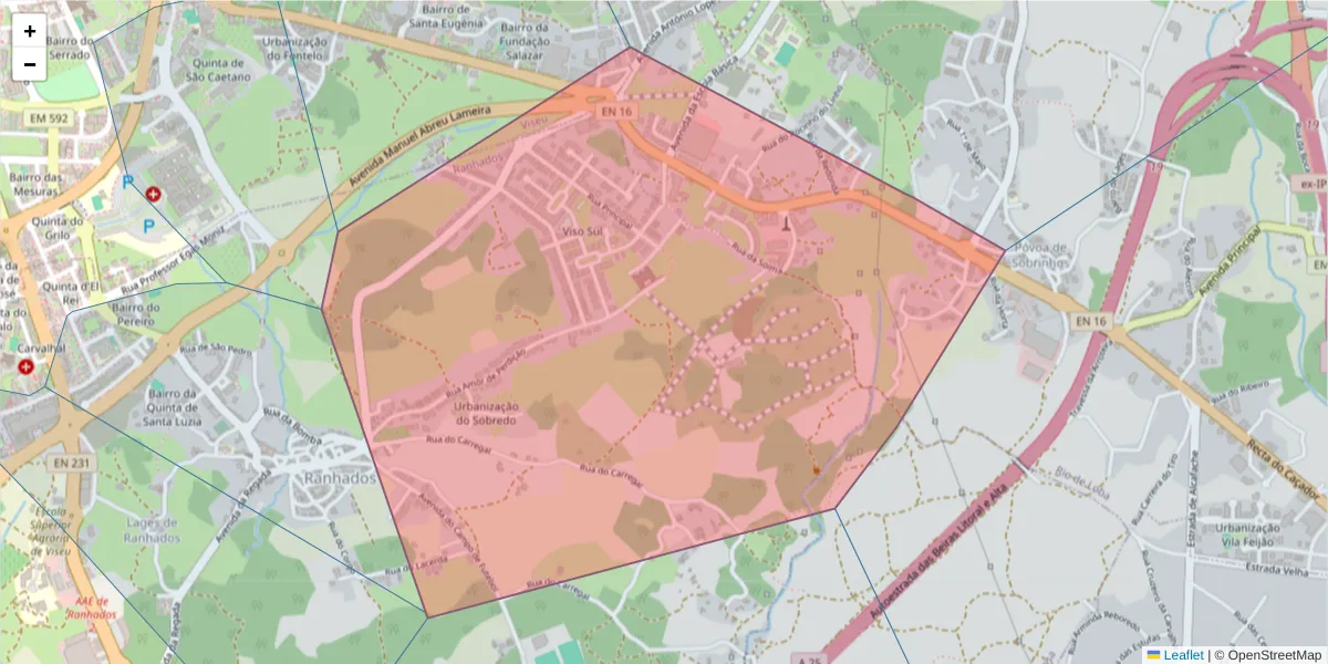 Mapa detalhado do código postal 3500-392 com limites, códigos postais vizinhos e agências dos correios